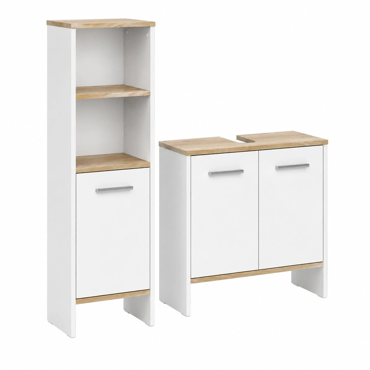 Vicco Badmöbel-Set Karli, Weiß/Gold-Eiche, mit Waschtischunterschrank und Hochschrank, 63,8 cm