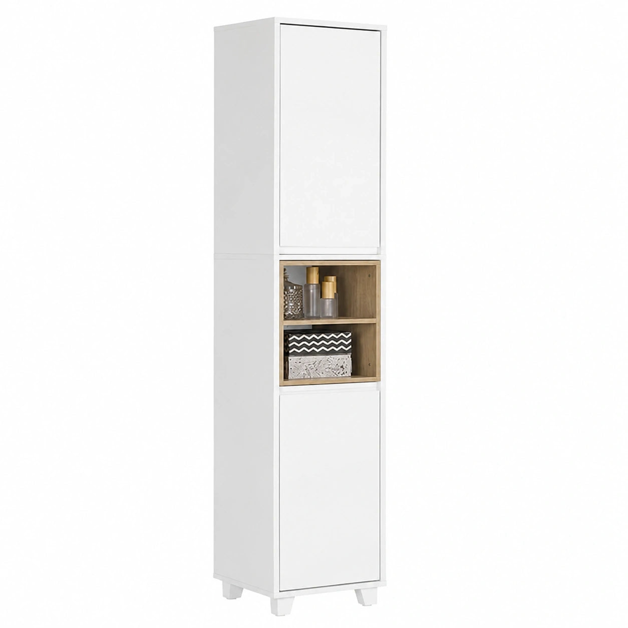 Moderner Badhochschrank mit Türen und offenen Regalen – Weiß 30x170x30cm