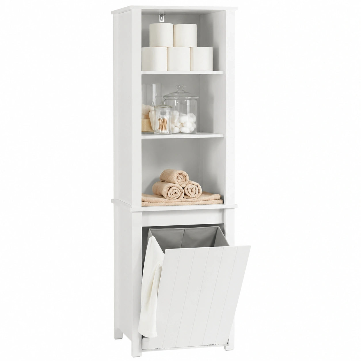 Schmaler Hochschrank mit Wäschesack - Platzsparendes Badezimmermöbel, Weiß, 45x171x35cm