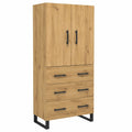 Moderner Highboard aus Eichenholz mit Eisenbeinen, 3 Schubladen und 2 Türen, ideal für Wohn- und Esszimmer, 69,5 x 34 x 180 cm