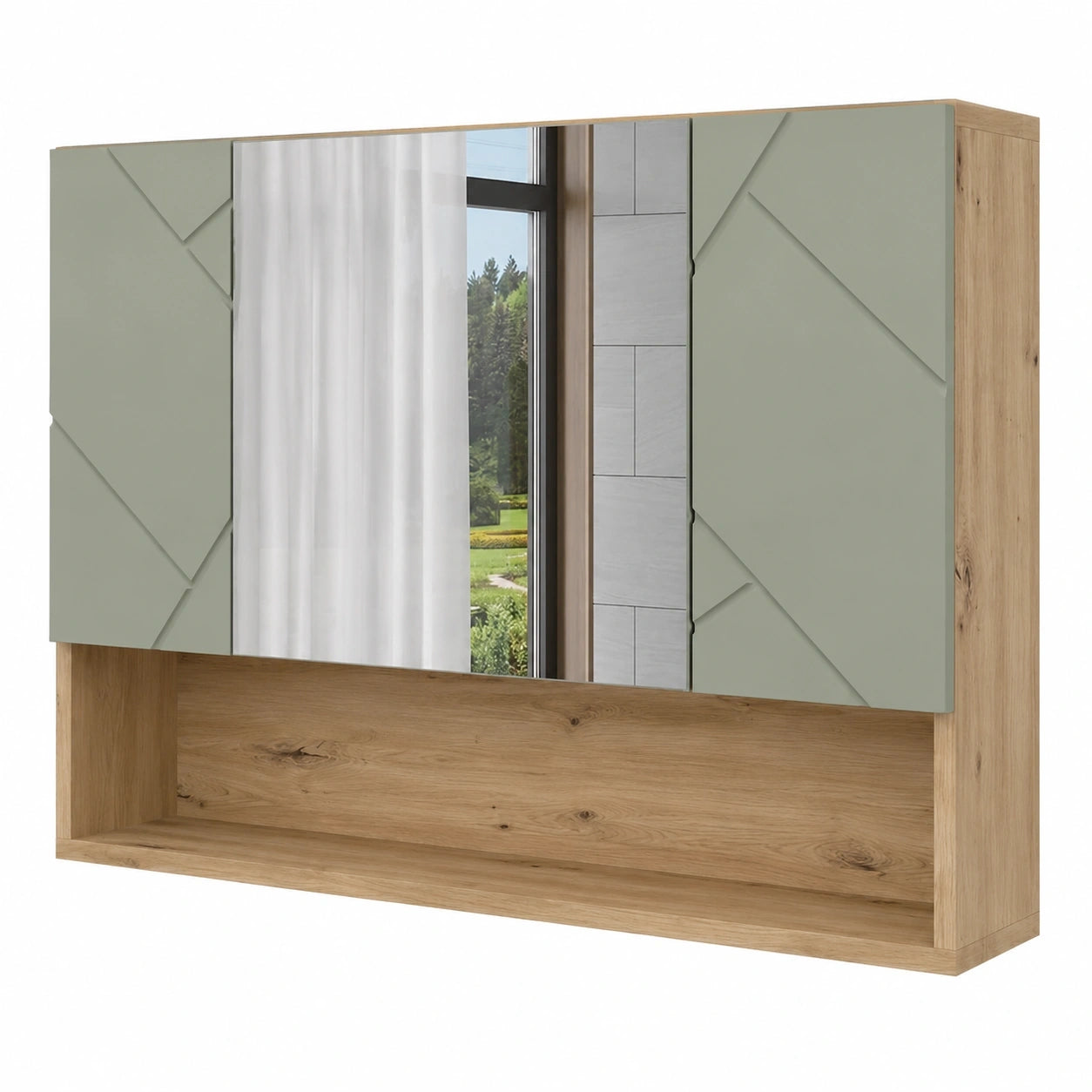 Vicco Badezimmerschrank Irma, Salbeigrün, 80,1 x 55 cm, mit Spiegel und Wandregal