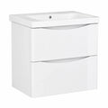 Badezimmerschrank Weiss Hochglanz mit Mineralgussbecken 60cm, Hängend mit Soft-Close Schubladen
