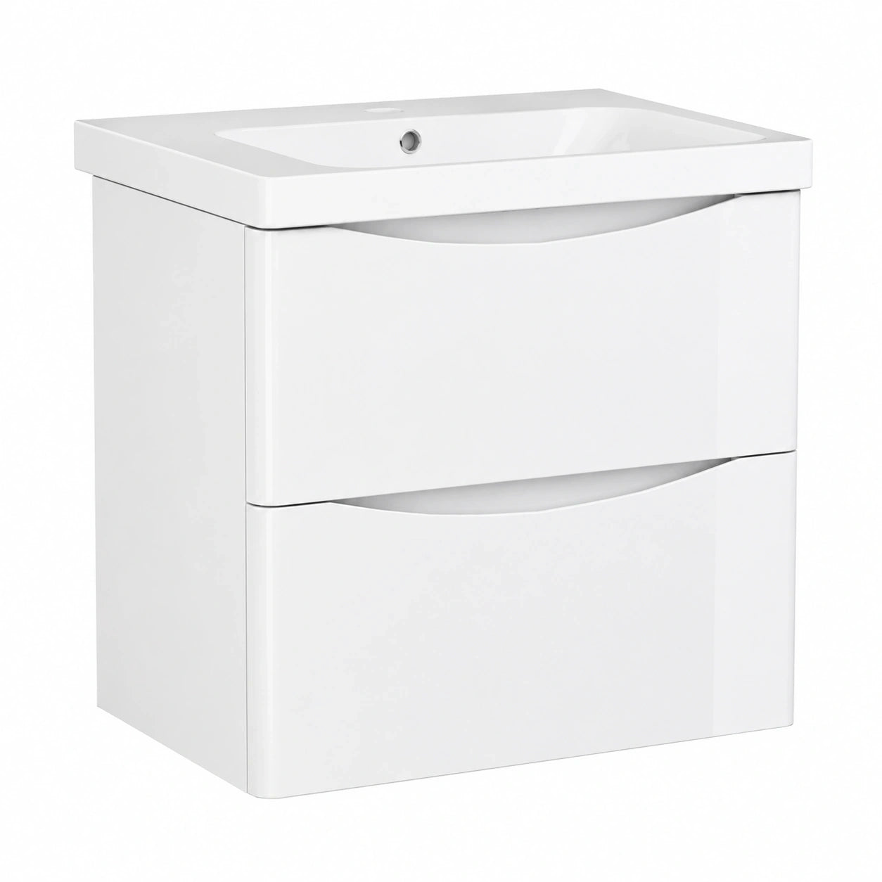 Badezimmerschrank Weiss Hochglanz mit Mineralgussbecken 60cm, Hängend mit Soft-Close Schubladen