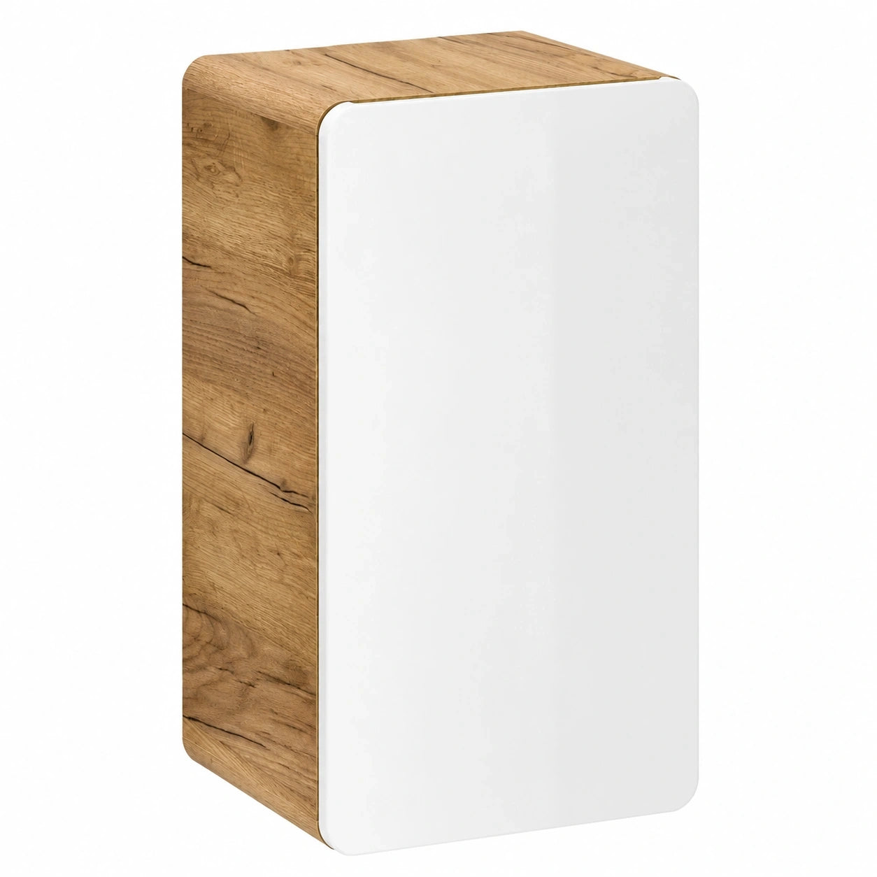 Hängender Badunterschrank Hochglanz Weiß mit Wotan Eiche, 1 Tür, 35x68x32 cm