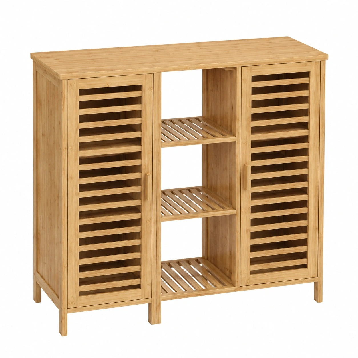 Bellamio Newa Badezimmerschrank aus Bambus mit 9 Ablagen und 2 Türen – Holzoptik – Lackiertes Bambus – 100x33x87 cm