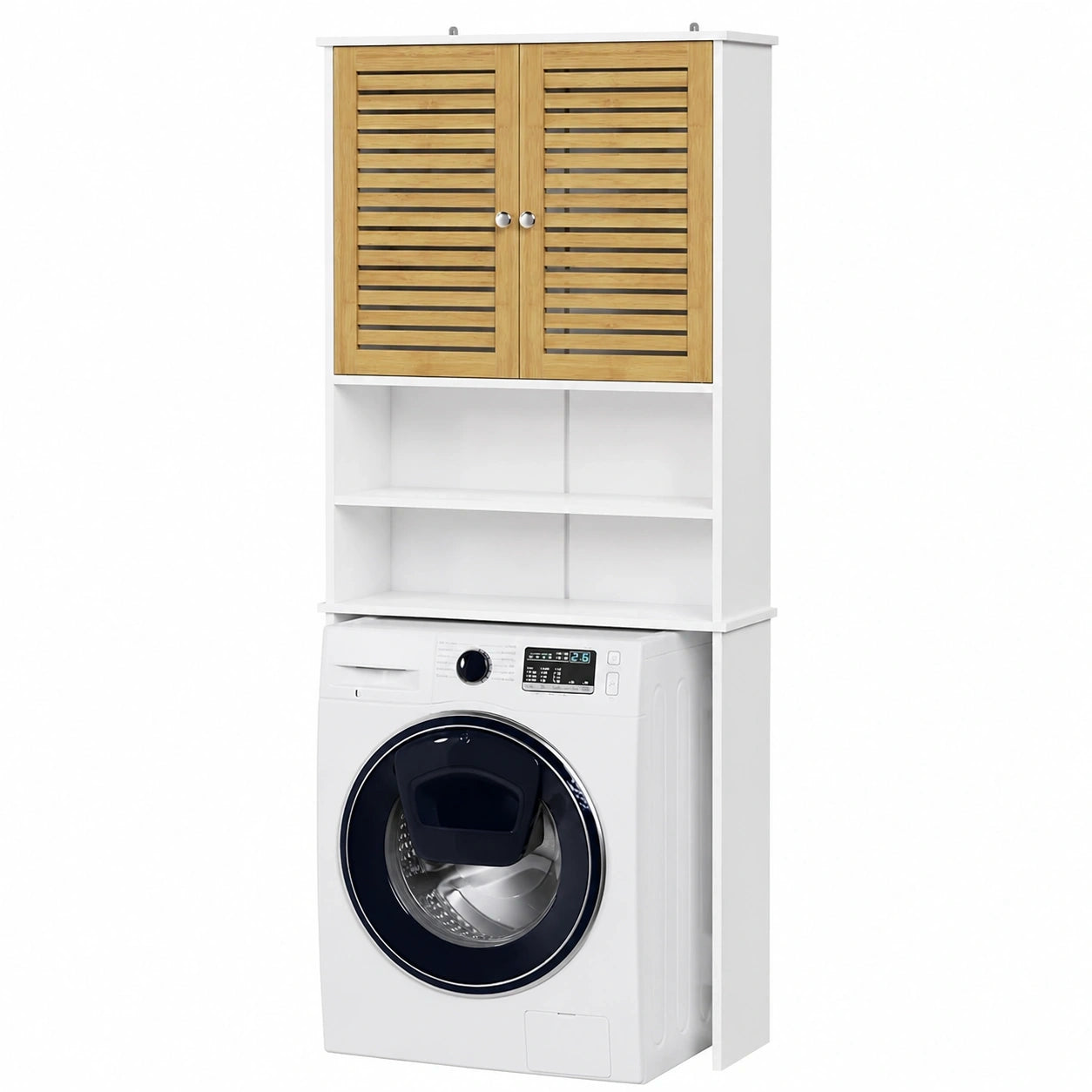 Mehrzweck-Hochschrank für Badezimmer mit Bambustüren und Regalfächern, über Waschmaschine oder WC, 185.5x65x24cm